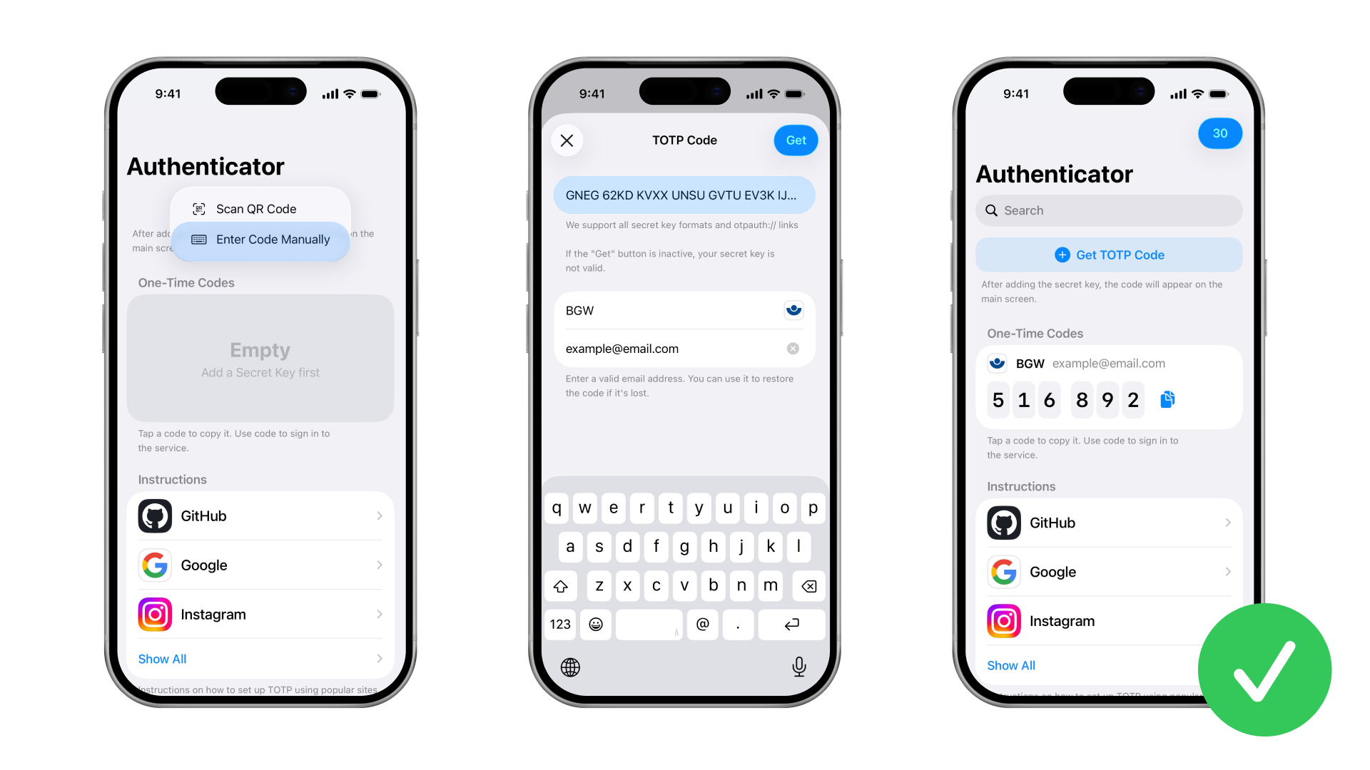 How to add the secret key to the authenticator to generate TOTP codes.
