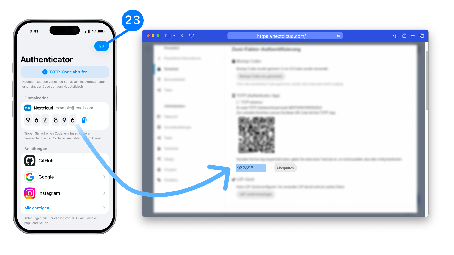 Woher Sie den TOTP-Code nehmen und wo Sie ihn eingeben, um die Zwei-Faktor-Authentifizierung bei Nextcloud zu aktivieren.